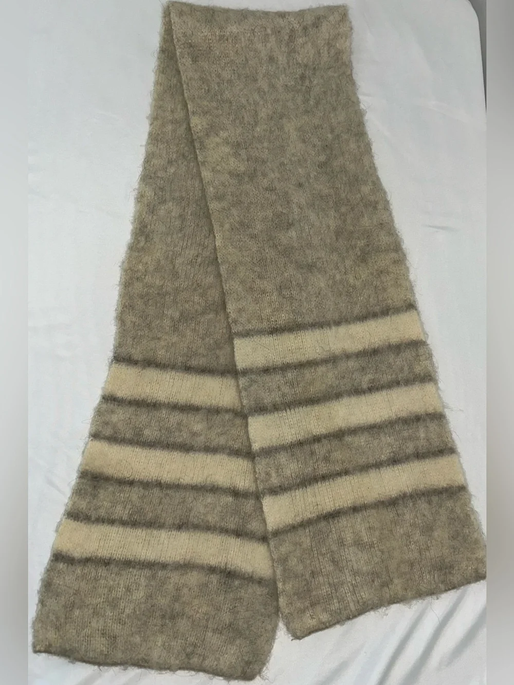 Vintage Hilda Wool Scarf Iceland Tan Cream Gray Heather Iceland 9.5” x 58”